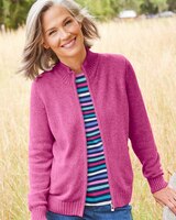 Zip-Front Cotton Cardigan Sweater - Berry Marl