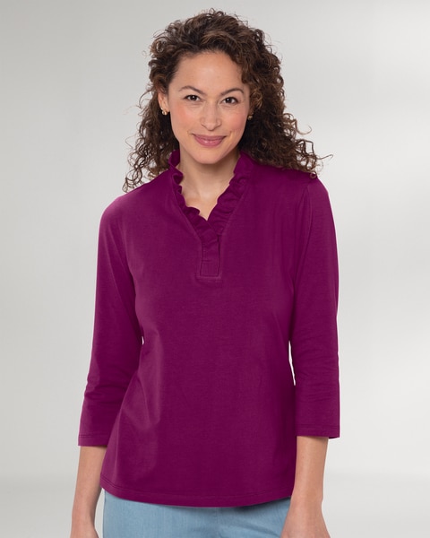 Prima™ Cotton Three-Quarter-Sleeve Ruffle-Neck Tee