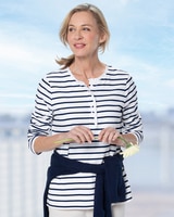 Striped Ruffle Henley Tee - Ivory/Classic Navy