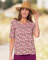 Prima™ Cotton Abstract Floral Elbow-Sleeve Tee - Orchid Pink Multi