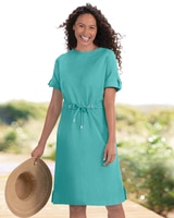 Solid Knit Drawstring-Waist Dress - Blue Turquoise
