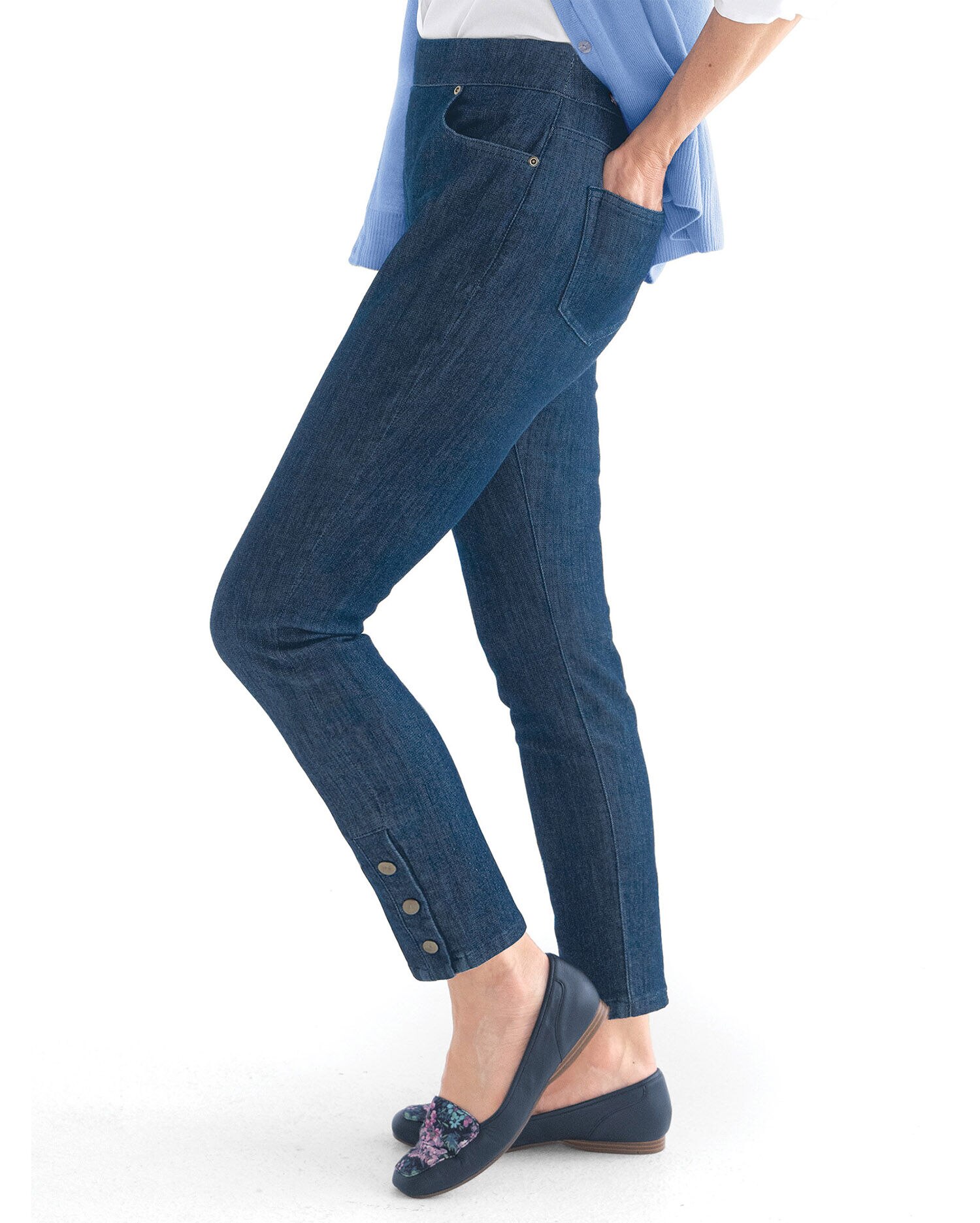 Liberty Knit Denim Slim Pull-On Snap-Hem Ankle Jeans