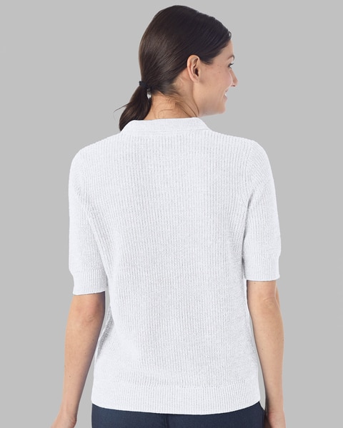 Elbow-Sleeve Linen/Cotton Polo Sweater