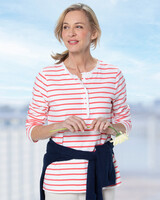 Striped Ruffle Henley Tee - Ivory/Tiger Lily