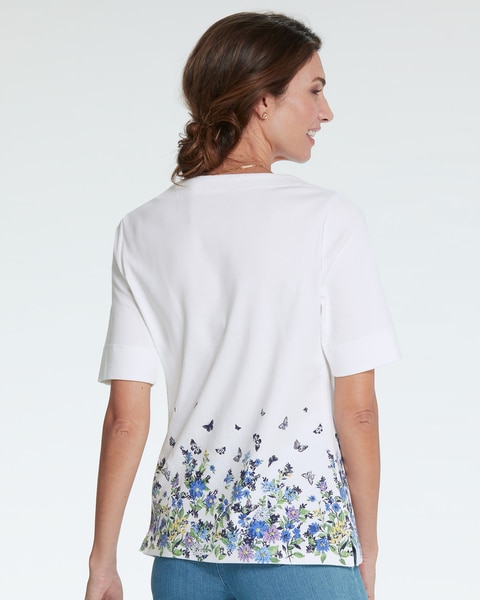 Limited-Edition Essential Cotton Floral Border Elbow-Sleeve Tee