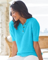 Elbow-Sleeve Linen/Cotton Polo Sweater - Island Turquoise Marl