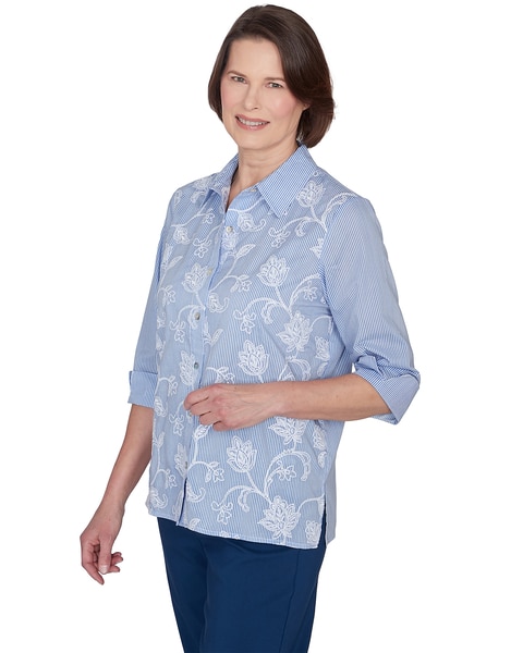 Alfred Dunner® Classics Embroidered Pinstripe Button Down Top