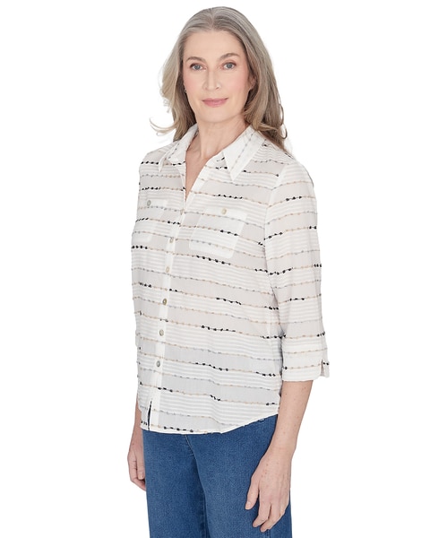 Alfred Dunner® Classics Classic Biadere Button Down Top With Front Pockets