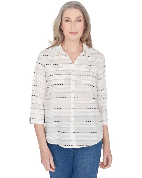 Alfred Dunner® Classics Classic Biadere Button Down Top With Front Pockets