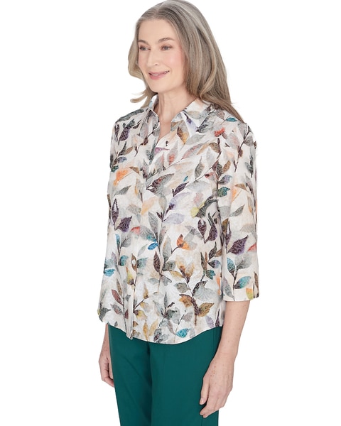 Alfred Dunner® Classics Classic Water Colored Leaf Filled Button Down Top