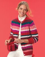 Classic Cabled Wool Striped Cardigan - Crimson Multi
