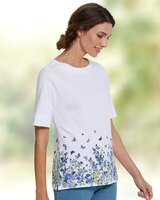 Limited-Edition Essential Cotton Floral Border Elbow-Sleeve Tee - White Multi