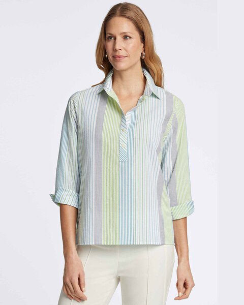 Therese Thin Varigated Seersucker Stripe 3/4 Sleeve Popover Shirt