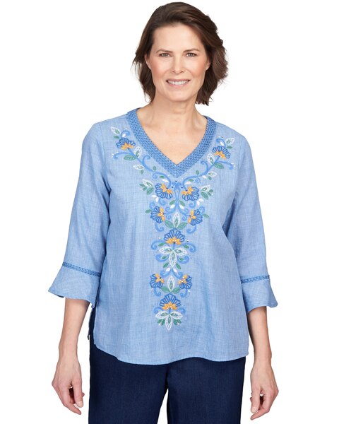 Alfred Dunner® Moody Blues Scroll Center Embroidery V-Neck Top