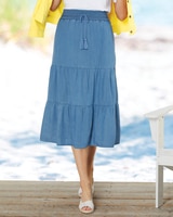 Tencel™/Cotton Smocked-Waist Skirt - Light Denim