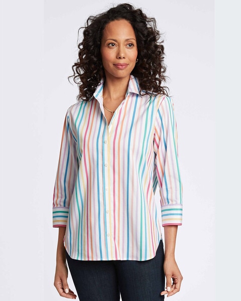 Meghan 3/4 Sleeve Rainbow Stripe Shirt