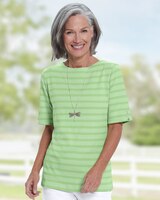 Essential Cotton Stripe Elbow-Sleeve Tee - Fresh Green/Tea Green