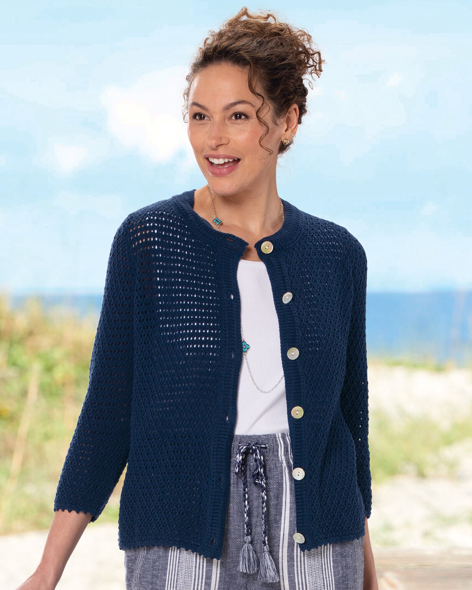 Bayside Cotton Crochet Cardigan & Seersucker Stripe Shirt Dress 