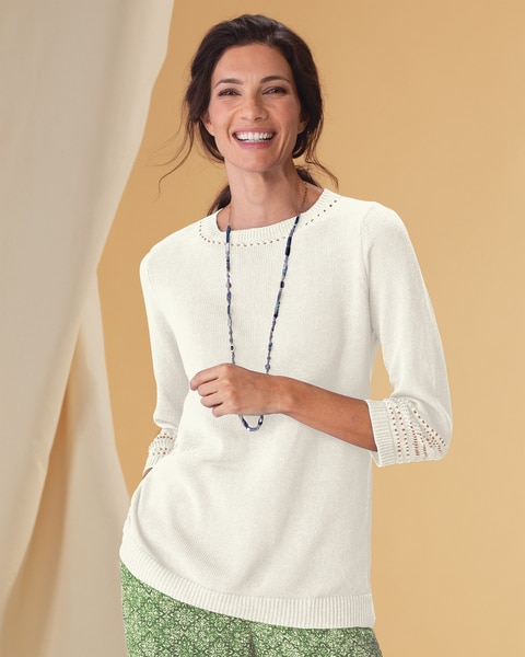 Linen/Cotton Crochet-Trim Pullover