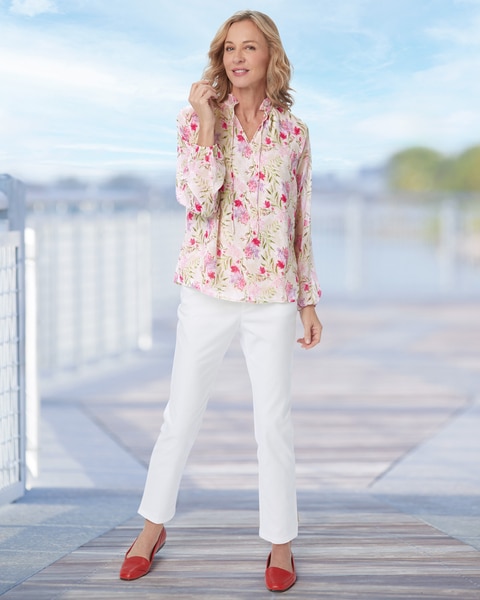 Feminine Floral Ruffle-Neck Popover