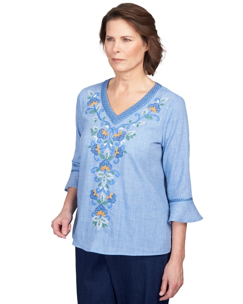 Alfred Dunner® Moody Blues Scroll Center Embroidery V-Neck Top