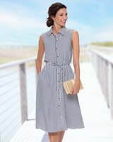 Seersucker Stripe Shirt Dress - Navy/White